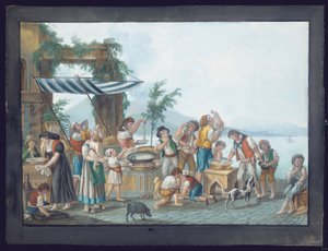 那不勒斯湾的意大利面食者，背景是维苏威火山（水粉画，纸本）