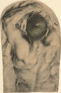从背面看半身卧姿男性裸体，约 1590 年（纸面上的木炭、油彩和铅白痕迹）