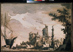 "港口风光 "剧场布景。Pietro di Gottardo Gonzaga（1751-1831 年）1818 年创作的水彩画。纸面水彩和墨水。莫斯科，普希金博物馆