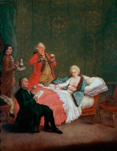 早晨，巧克力色的贵族少妇躺在床上，由三个男人服侍。皮埃特罗-隆吉（1702-1785）的画作，1775-1780。Dim.60x47厘米 Ca 