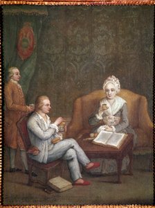 Adriana Giustinian 和她的儿子 Gerolamo Ascanio 喝热巧克力的肖像（Adriana Giustinian Barbarigo 和她的儿子 Gerolamo Ascanio 拿着一杯巧克力） Pietro Longhi（1702-1785）的画作，约 1779 年。 Dim 58x45 cm 威尼斯，Ca