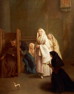 七件圣事。忏悔，由Pietro Longhi（1701-1785）创作，布面油画，61x50厘米，1755-57年前。 作者 彼得·隆吉（Pietro Longhi）