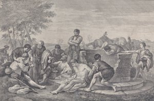 约瑟夫被他的兄弟们卖为奴隶，他们围坐在井边，划分出C...，1730-39。