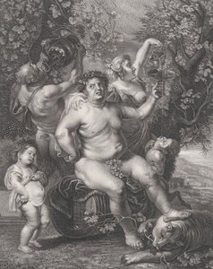 巴克斯坐在葡萄树前的木桶上，旁边是巴克斯、萨提尔和孩子们，1758年。 作者 彼得罗·佩罗莱里
