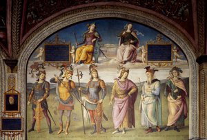 坚忍和节制的寓言故事与六个古代英雄的故事 作者 Pietro Perugino
