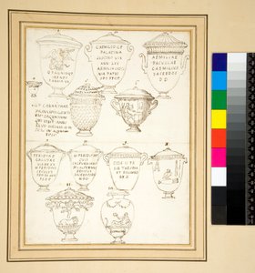 12 marble sepulchral urns with lids. (pen) 作者 彼得罗·桑蒂·巴托利（Pietro Santi Bartoli）