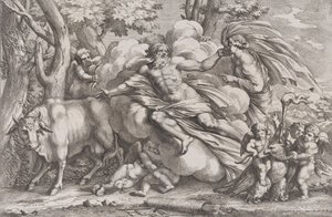 左边的艾欧是一头牛，中间的木星在云上，右边的朱诺带着普...，1650-90。