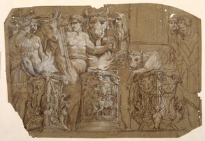 在 Polidoro da Caravaggio（约 1499-1543 年）之后的古董牺牲和珀尔修斯与仙女座的婚姻（钢笔和棕色墨水，棕色水洗，白色体色在纸上用黑色粉笔在纸上洗成棕色） 作者 Pietro da Cortona