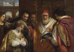 Flavia Domitilla (morte apres 95) recevant le voile du pape Clement I - Saint Domitilla 接受教皇克莱门特一世的面纱，Pietro da (1596-1669)。 布面油画，尺寸：123x172,7，，私人收藏 作者 Pietro da Cortona