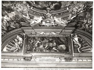 “Sala di Apollo”（阿波罗大厅）天花板装饰细节描绘亚历山大阅读荷马（壁画）（黑白照片） 作者 Pietro da Cortona