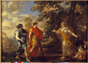 维纳斯作为猎人出现在皮埃尔·德·科尔托纳 (Pietro Berrettini dit Pietro da Cortona (1596-1669) 的 Enee 绘画中。17 世纪太阳。1,27x1,76 m 作者 Pietro da Cortona