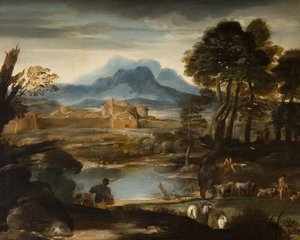 带有湖泊和城墙的风景，1635年。 作者 Pietro da Cortona