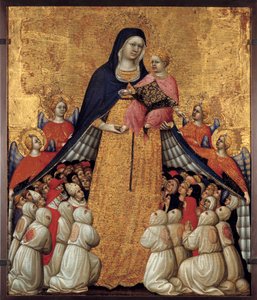 Misericorde 圣母：由 Pietro da Recanati 创作的祭坛画，被称为 Pietro di Domenico da Montepulciano（活跃于 1418 年，死于 1427 年至 1432 年）昏暗。 0.54 x 0.43 米。 阿维尼翁，小皇宫博物馆 - 慈悲圣母。 彼得罗·达·雷卡纳蒂 (Pietro da Recanati) 的祭坛画 作者 彼得·多梅尼科·达·蒙特普尔恰诺