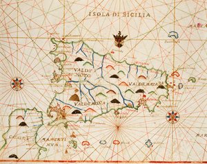 来自波托兰地图集的西西里岛，由六张图表组成，由 Placido Caloiro 和 Francesco Oliva 绘制，羊皮纸。 1646.