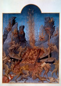 地狱。魔鬼们操作风箱搅动火苗，烧毁水门，使他们遭受各种折磨。"贝里公爵的富贵时光 "中的微型画。Pol De Limburg的画作（15世纪