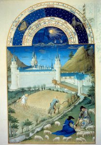 7 月：“普瓦捷城堡，收获和剪羊毛的场景””” Pol De Limburg（15 世纪）手稿中的佛兰芒缩影“贝里公爵非常丰富的时光””