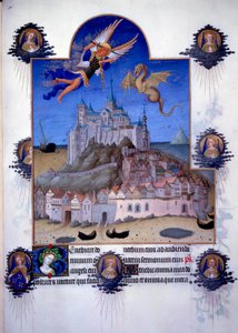 圣米歇尔山（Mont-Saint-Michel）：大天使圣米歇尔和龙翼代表在空中战斗。 来自 Pol de Limburg 的佛兰德缩影，出自雅克大帝 (1360-1415/1418) 的“好沼泽之书”，献给约翰