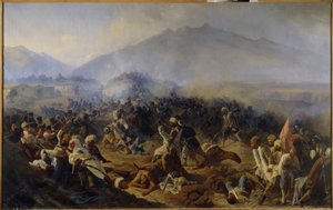 1848 年阿赫蒂围城战。在北高加索山区，俄罗斯军队与伊玛目查米尔（沙米尔）（1797-1871 年）的军队之间的战斗场景，后者出于独立和宗教原因带领他的战士们（圣战）。 绘 作者 波利多尔·伊万诺维奇·巴巴耶夫