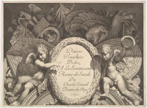 Divers Trophées Weapon Trophies》的扉页，画的是罗马Milesi宫的外墙，1651年 作者 雷内·洛雄