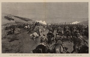 亚历山大亲王和保加利亚军队通过塞尔维亚边境，1885年11月24日（雕版画）。 作者 波兰学校