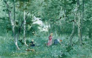 林中采花的优雅女士（卡片上的人体彩绘） 作者 蓬佩奥·马里亚尼