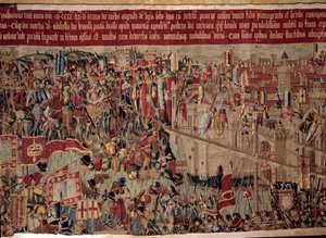 征服非洲：“《葡萄牙舰队于 1471 年在摩洛哥捕获艾西拉（Arzila）》”《16 世纪葡萄牙学派挂毯的片段》。 里斯本，国家古代艺术博物馆 作者 葡萄牙语学校