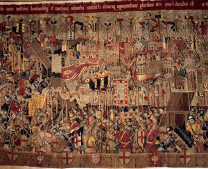 征服非洲：“《葡萄牙舰队于 1471 年在摩洛哥捕获艾西拉（Arzila）》”《16 世纪葡萄牙学派挂毯的片段》。 里斯本，国家古代艺术博物馆 作者 葡萄牙语学校