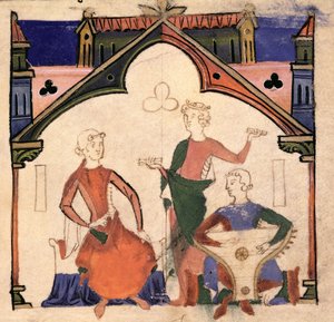 Fol.4r音乐家在Chansonnier des Nobles演奏响板和一首诗歌 作者 葡萄牙语学校
