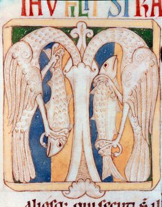 苍鹭和鱼的信头纸。 Sancta Cruz de Coimbra 手稿“Testamentum Vetus”的缩影。 12世纪。 波尔图市立图书馆 作者 葡萄牙语学校