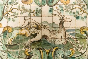Majolica瓷砖描绘狗在Palacio da Praia，Belem，c.1680（陶瓷）的狩猎室追逐一只鹿 作者 葡萄牙语学校
