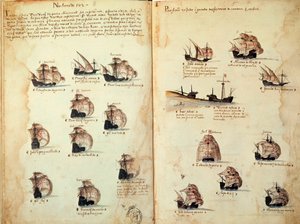 手稿页““曼努埃尔一世国王（1469-1521 年）领导下的葡萄牙舰队的纪念碑”，代表葡萄牙舰队。 1533 B.N. 巴黎 作者 葡萄牙语学校