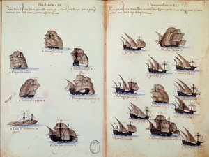 代表葡萄牙舰队的手稿页 "葡萄牙国王曼努埃尔一世（1469-1521）时期的军队纪念"。 作者 葡萄牙语学校