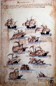 手稿页““曼努埃尔一世国王（1469-1521）领导下的葡萄牙舰队的记忆”代表1497 年的葡萄牙舰队。1500 里斯本，国家古代艺术博物馆 作者 葡萄牙语学校