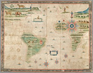 西欧、非洲和美洲地图，附有山脉、动物等图画。约瑟夫-达科斯塔-米兰达 作者 葡萄牙语学校