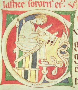 女士22 fol.139r历史悠久的C描绘和尚写作，来自Vitae Sanctorum，Santa Cruz de Coimbra 作者 葡萄牙语学校