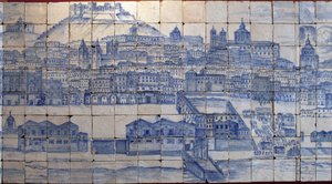 里斯本全景，1755年地震前--18世纪初的Azulejos，里斯本Tentugal伯爵旧宫的面板警告（1755年地震前的大里斯本全景，18世纪初的辉石，古宫殿