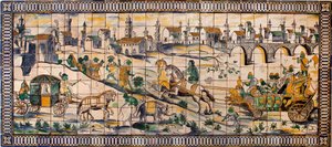 Singerie, the marriage of the hens - Tile panel, circa 1665, from the old farm of Cadriceira, in Turcifal, Torres Vedras (Portugal) (The Chicken