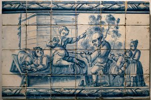 The doctor doing an enema to a patient - Satirical panel of Lisbon, first half 18th century (Physician - Satirical panel, first half 18th century) - Musee national des azulejos, Lisbon (Portugal)