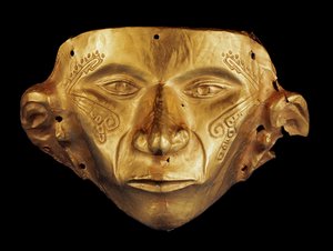 Pre-Colombian mask from the Archaeological Park of Tierradentro, Alto de San Andres in Colombia (gold)