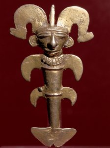 前哥伦比亚艺术，金巴亚文明（哥伦比亚）：黄金拟人吊坠。 公元 400-1400 年。 波哥大，Museo de Oro，哥伦比亚