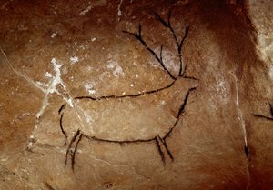 Prehistory : a deer. Upper paleolithic cave painting (Magdalenian) (16,500 and 14,000 years ago). Age of stone. Cave of Las Chimeneas, Monte Castillo, Spain