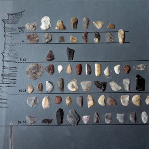 Pontiniano 的史前史、文化：来自拉齐奥 Moscerini 洞穴的石头和燧石（石器生产）。 石器时代。 旧石器时代晚期。 罗马，路易吉·皮戈里尼国家史前民族博物馆 作者 史前史前