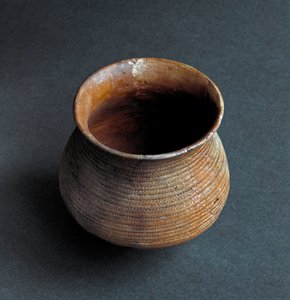 史前史，雷梅德洛文化：来自布雷西亚附近菲耶斯圣克里斯蒂娜洞穴的钟形花瓶。 铜时代。 石器时代。 公元前 2200 年。 罗马，路易吉·皮戈里尼国家史前民族博物馆 作者 史前史前