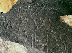 史前史，岩画：墓石。 石器时代 5000-2000 BC。 Taghit，Haut 高原 du Hoggar (Ahaggar)，阿尔及利亚 作者 史前史前