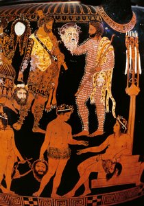 Pronomos 花瓶，带有红色人物的火山口。 详细描绘赫拉克勒斯 (Heracles)，在狄俄尼索斯和阿丽亚娜在场的情况下准备一部讽刺剧，人物拿着剧院面具。 公元前 400 年。 那不勒斯，国家考古博物馆 作者 普罗莫诺斯画家