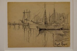 帆船，Narcís Puget Riquer，木炭画，Puget博物馆，Can LLaudis的贵族住宅，Dalt Vila，Ibiza，巴利阿里群岛，西班牙