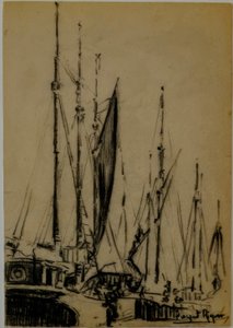 帆船，Narcís Puget Riquer，木炭画，Puget博物馆，Can LLaudis的贵族住宅，Dalt Vila，Ibiza，巴利阿里群岛，西班牙
