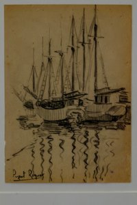 帆船，Narcís Puget Riquer，木炭画，Puget博物馆，Can LLaudis的贵族住宅，Dalt Vila，Ibiza，巴利阿里群岛，西班牙