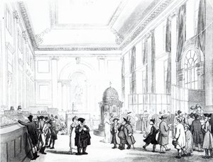 英国银行大厅，来自阿克曼的“伦敦微观世界”，1809年（aquatint） 作者 普金和罗兰森