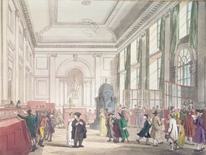 英国银行大厅，来自阿克曼的“伦敦微观世界”，1809年（aquatint） 作者 普金和罗兰森